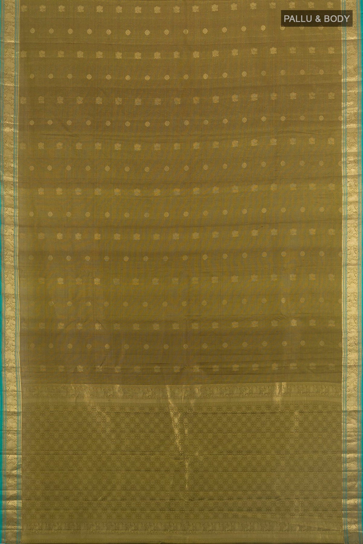 Flat view of Pure Silk Mehandi Green Kanchipuram Saree with Zari Butta on the body and Zari Border. 