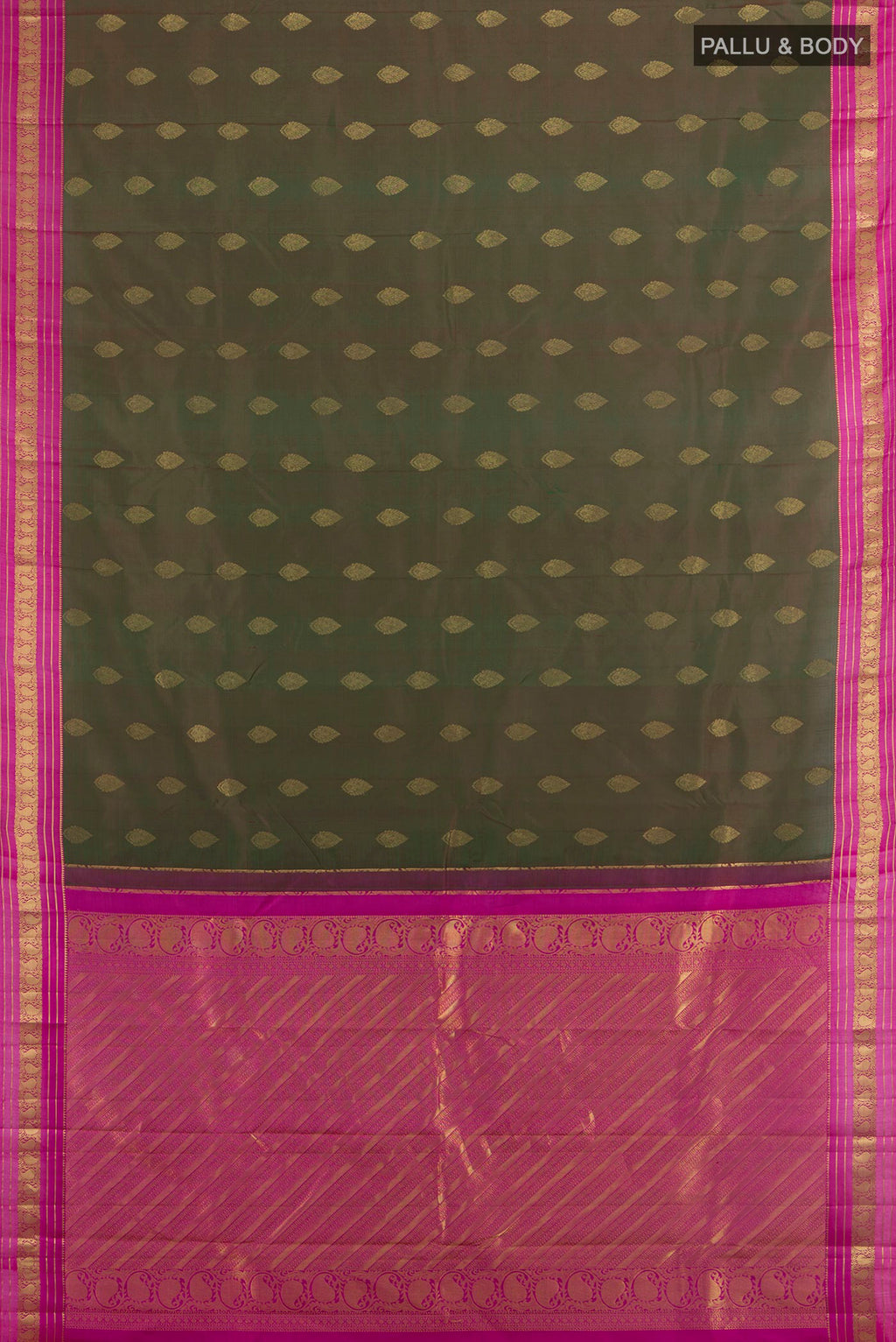 Flat view of Pure Silk Mehandi Green Kanchipuram Saree with Zari Butta on the body and Zari Border. 