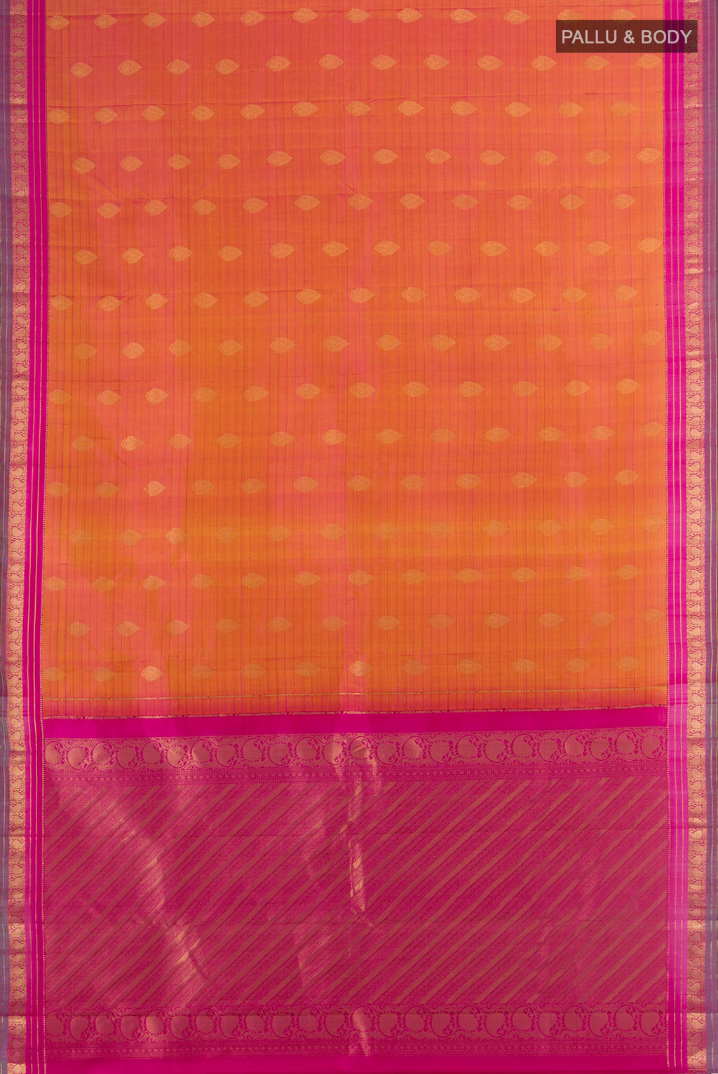 Flat view of Pure Silk Peach Kanchipuram Saree with Zari Butta on the body and Silk Border. 