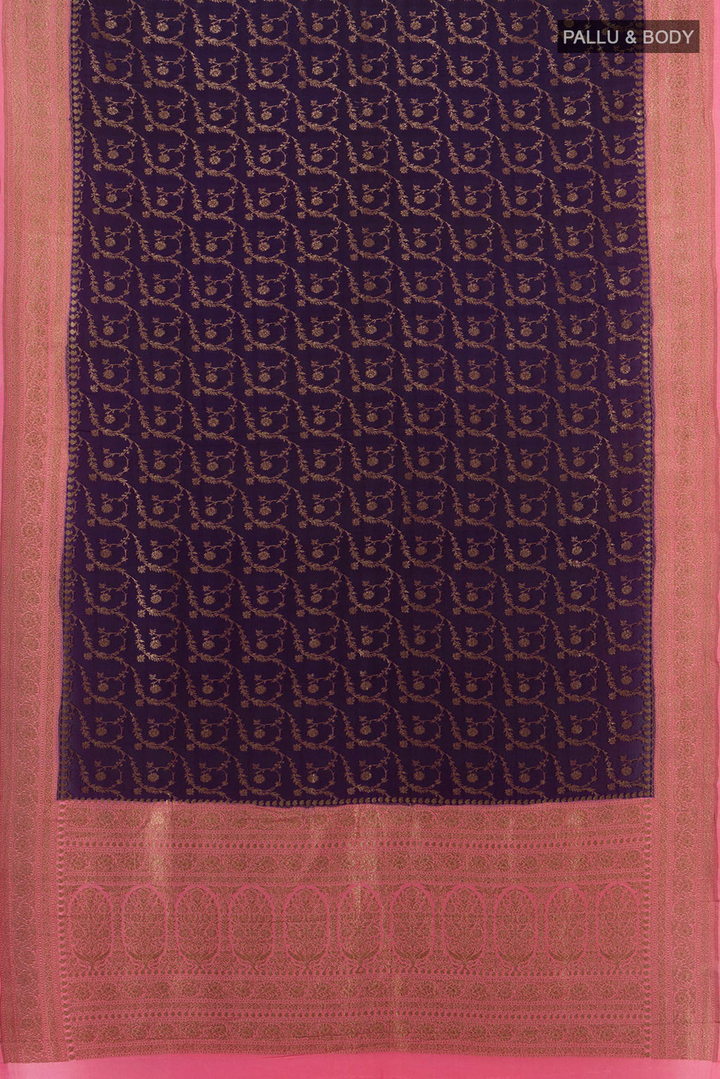 Flat view of Violet Banarasi Georgette Saree with Zari Butta on the body and Zari Border. 