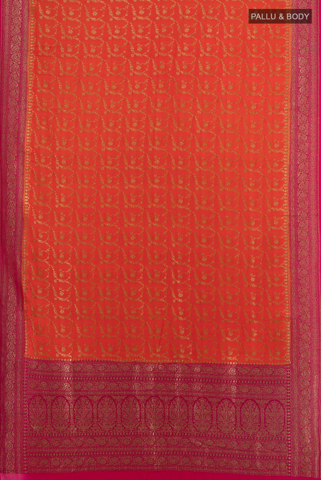 Flat view of Orange Banarasi Georgette Saree with Zari Brocade on the body and Zari Border. 
