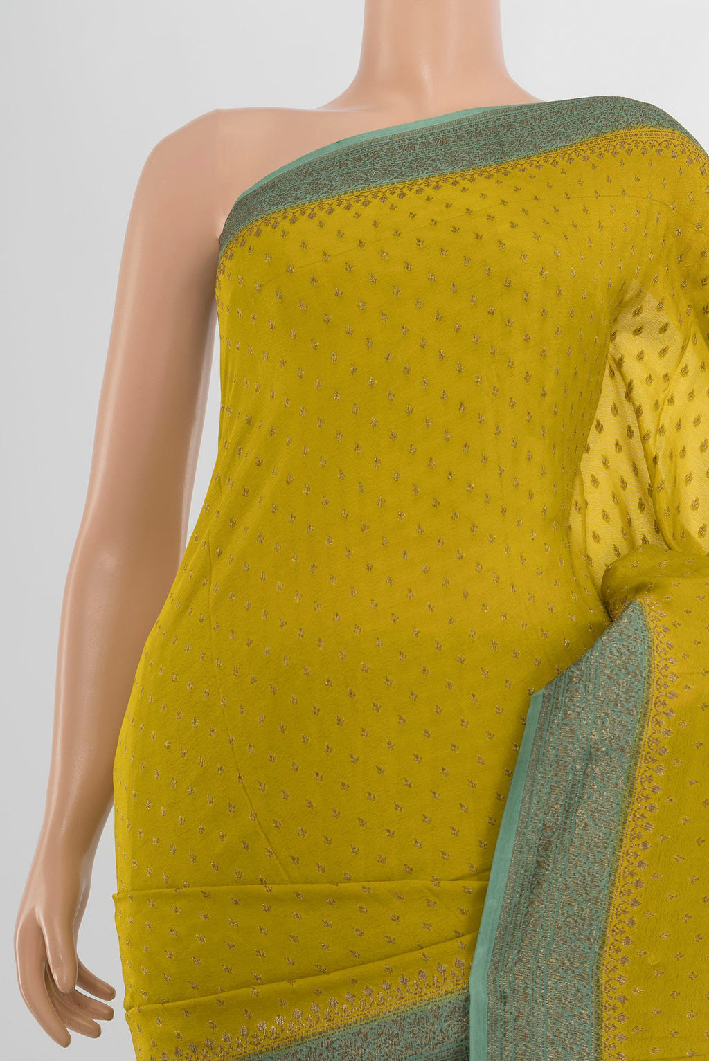 Border image of Mehandi Green Banarasi Georgette Saree with Zari Butta on the body and Silk Border. 