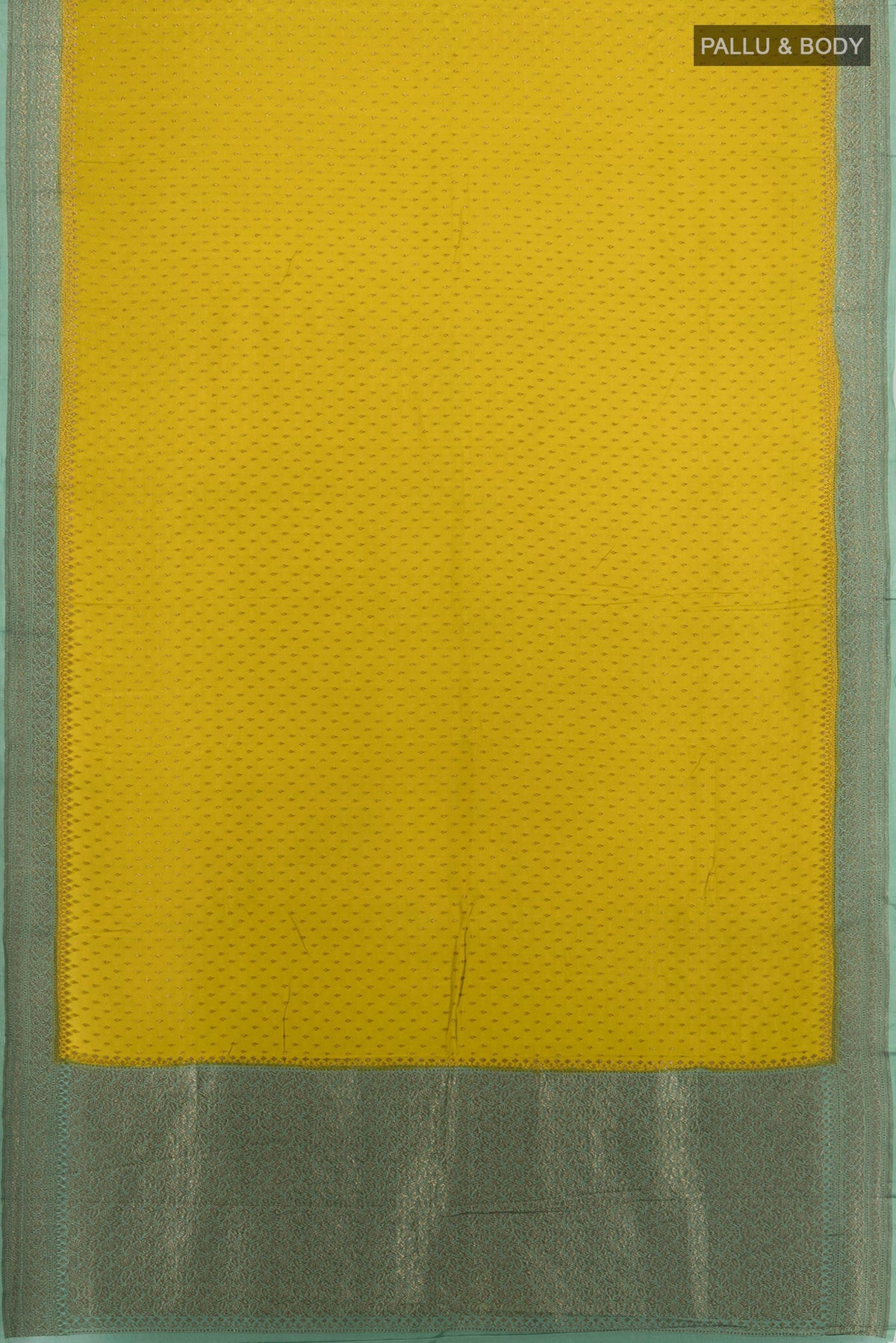 Flat view of Mehandi Green Banarasi Georgette Saree with Zari Butta on the body and Silk Border. 