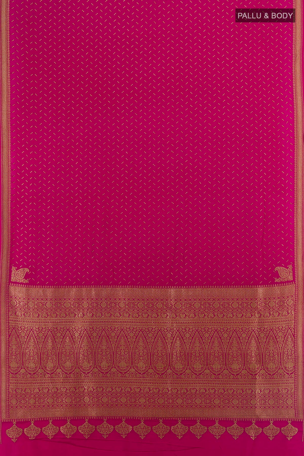Flat view of Purple Banarasi Georgette Saree with Zari Butta on the body and Silk Border. 