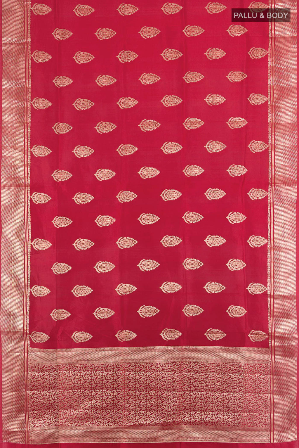 Flat view of Pure Silk Red Banarasi Raw Saree with Zari Butta on the body and Zari Border. 