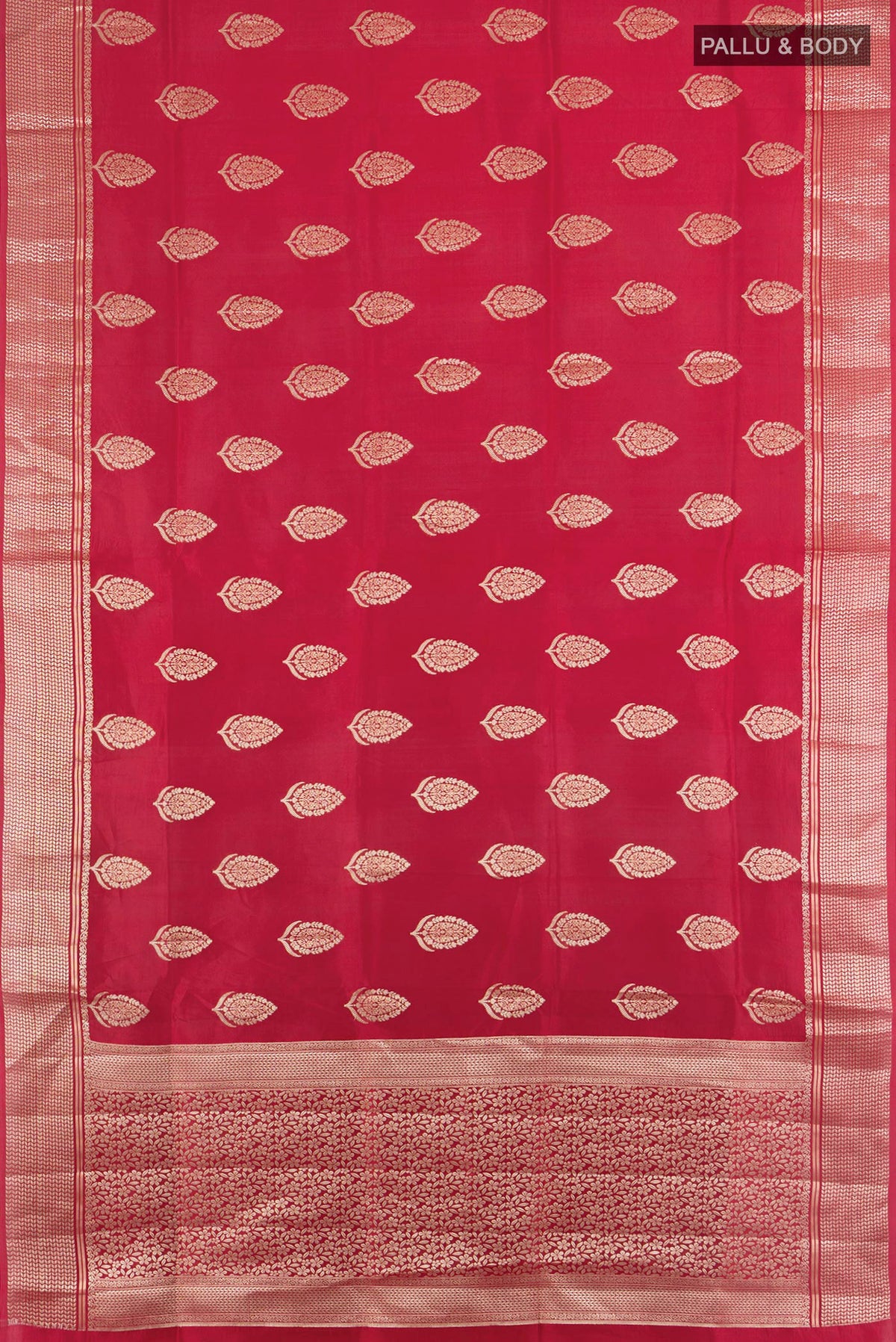 Flat view of Pure Silk Red Banarasi Raw Saree with Zari Butta on the body and Zari Border. 