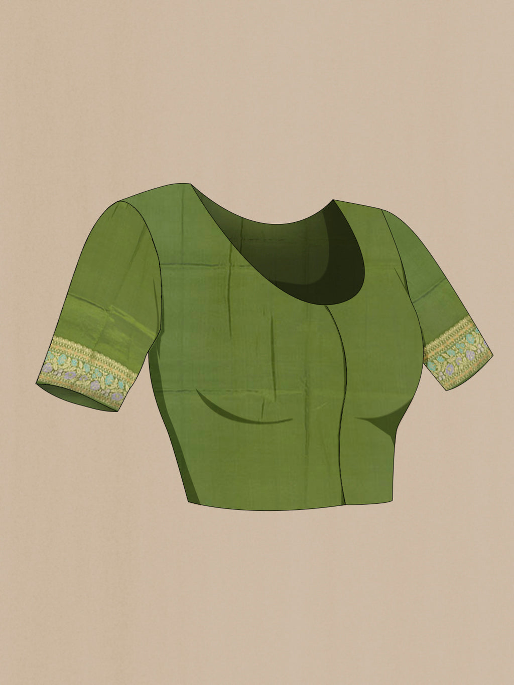Close up image of the blouse of Pure Silk Green Banarasi Raw Saree with Zari Butta on the body and Zari Border. 