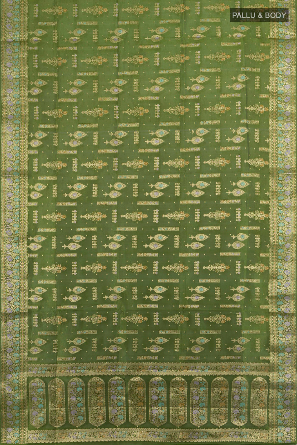 Flat view of Pure Silk Green Banarasi Raw Saree with Zari Butta on the body and Zari Border. 