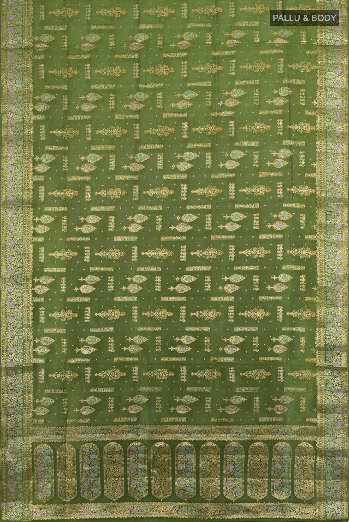 Flat view of Pure Silk Green Banarasi Raw Saree with Zari Butta on the body and Zari Border. 