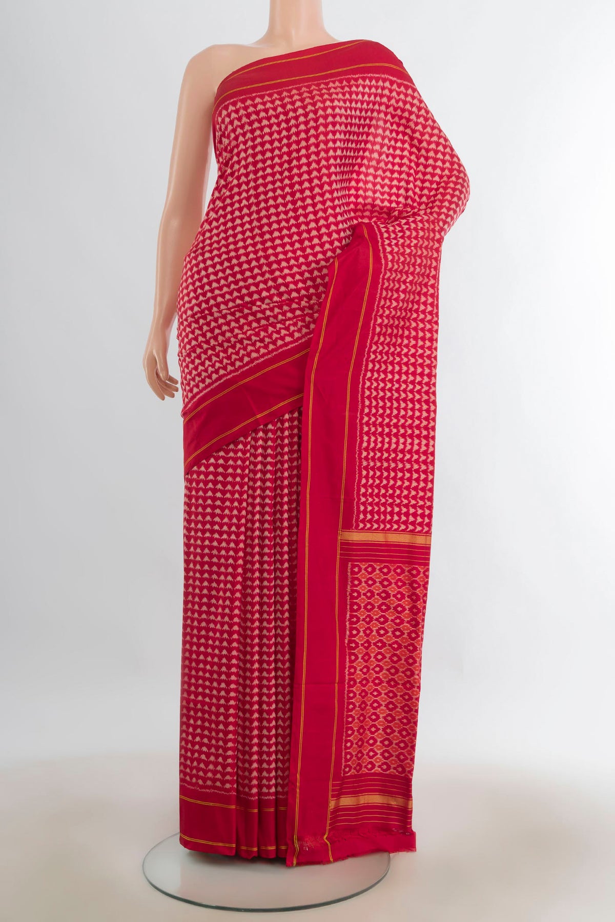 Pure Silk Multi Color Pochampally Saree with Ikat Print on the body and Silk Border.  displayed on a mannequin