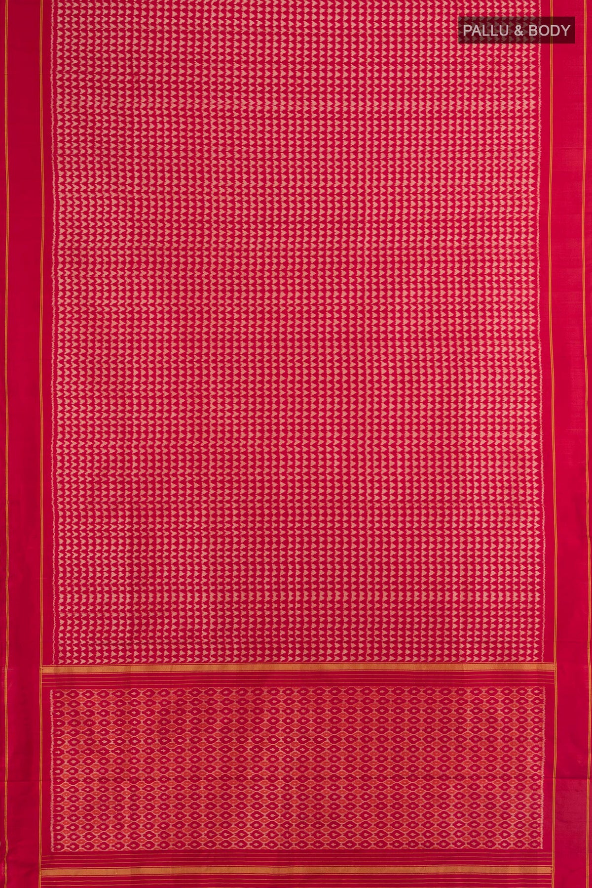 Flat view of Pure Silk Multi Color Pochampally Saree with Ikat Print on the body and Silk Border. 