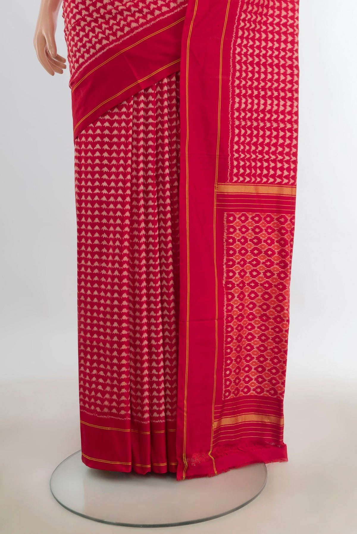 Pleats and pallu of Pure Silk Multi Color Pochampally Saree with Ikat Print on the body and Silk Border. 