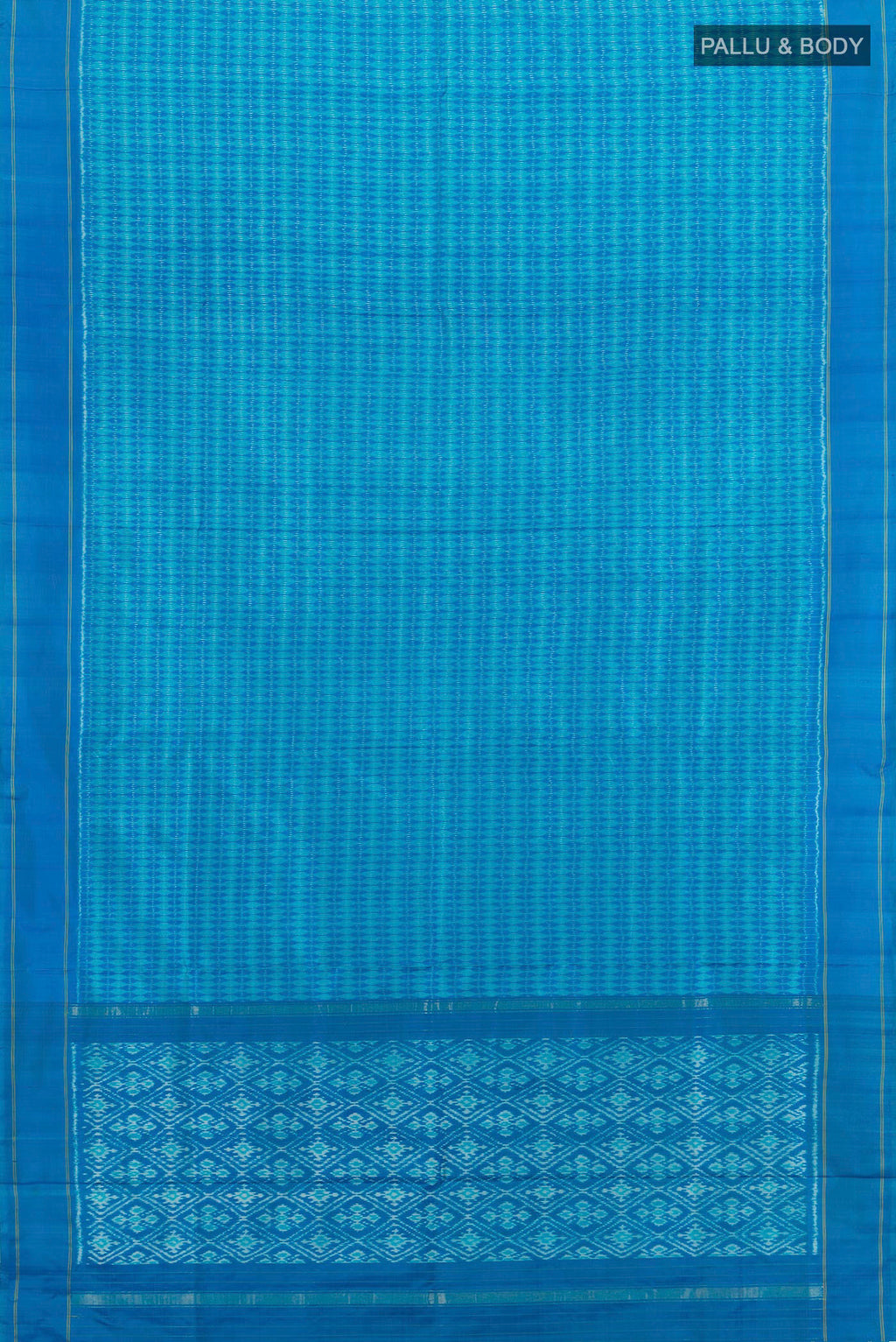 Flat view of Pure Silk Blue Pochampally Saree with Pure Ikat on the body and Plain Border. 