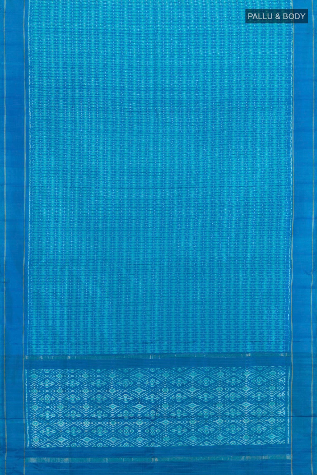 Flat view of Pure Silk Blue Pochampally Saree with Pure Ikat on the body and Plain Border. 