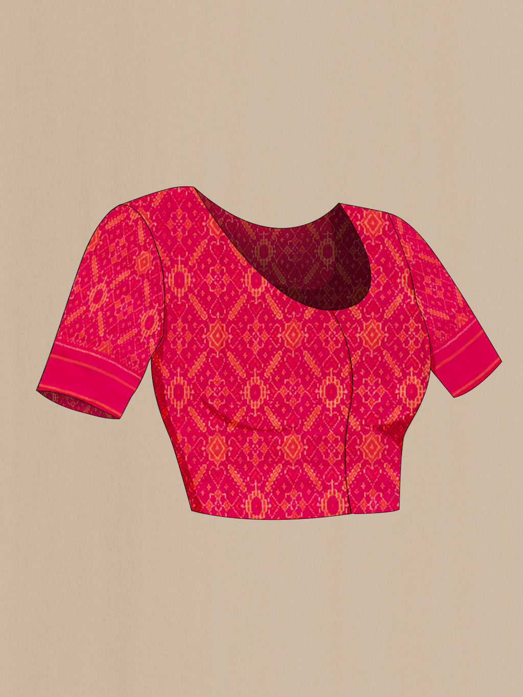 Close up image of the blouse of Pure Silk Peach Pochampally Saree with Pure Ikat on the body and Plain Border. 