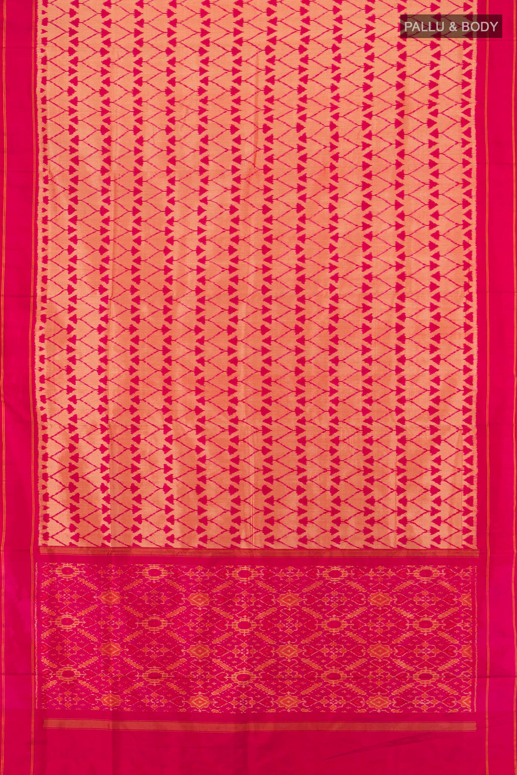 Flat view of Pure Silk Peach Pochampally Saree with Pure Ikat on the body and Plain Border. 