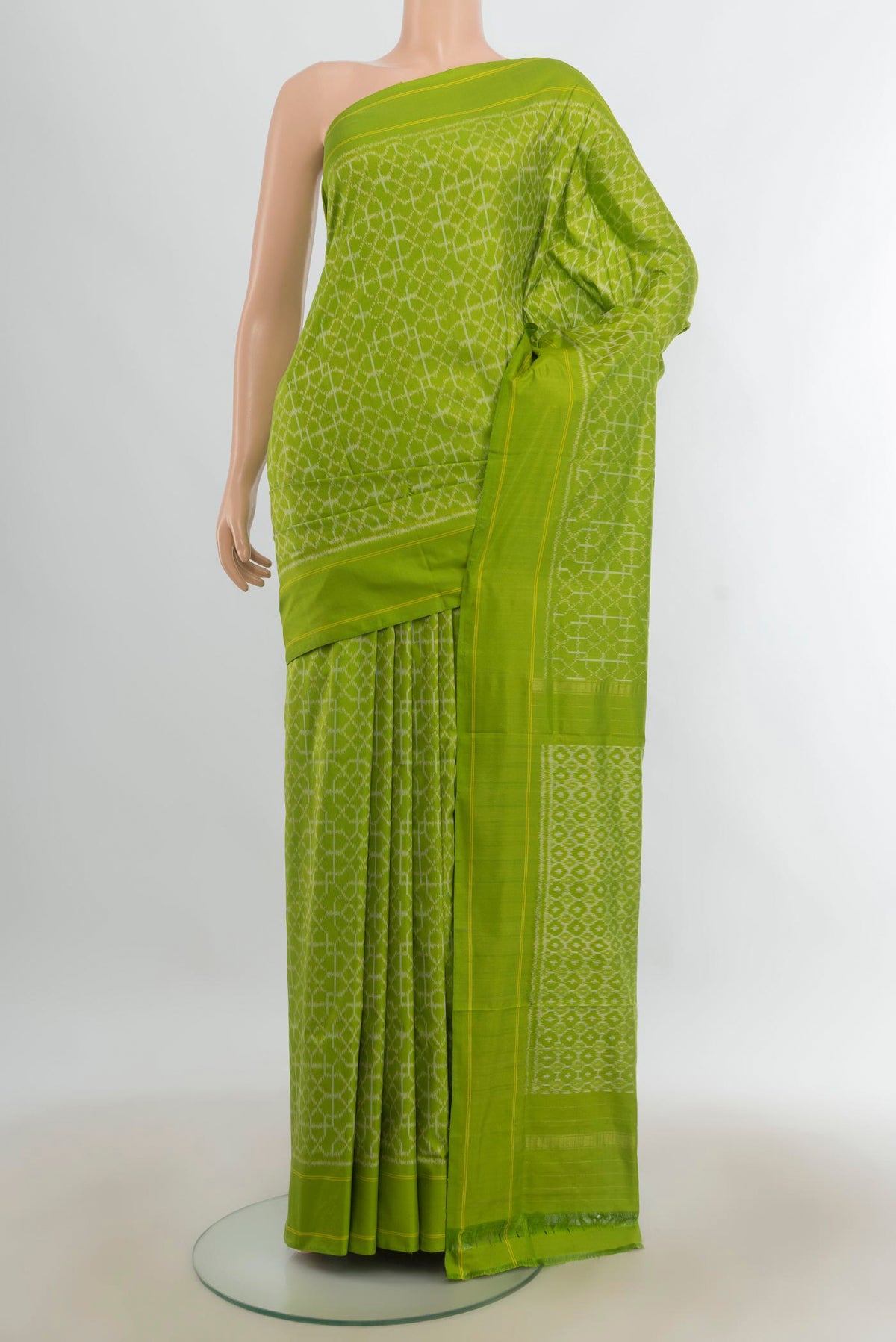 Pure Silk Multi Color Pochampally Saree with Ikat Print on the body and Silk Border.  displayed on a mannequin