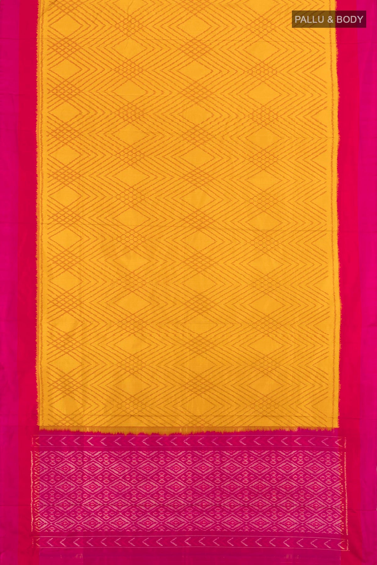 Flat view of Pure Silk Mustard Pochampally Saree with Pure Ikat on the body and Plain Border. 