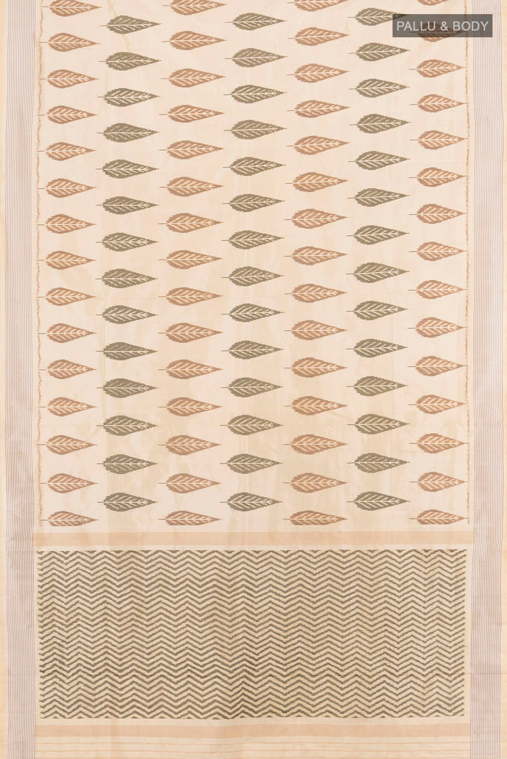 Flat view of Pure Silk Cream Pochampally Saree with Pure Ikat on the body and Plain Border. 