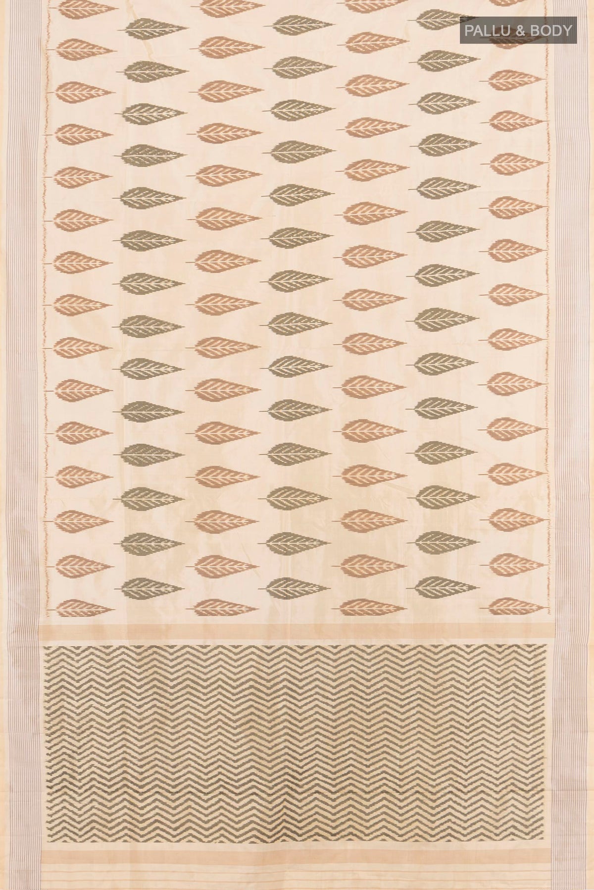 Flat view of Pure Silk Cream Pochampally Saree with Pure Ikat on the body and Plain Border. 
