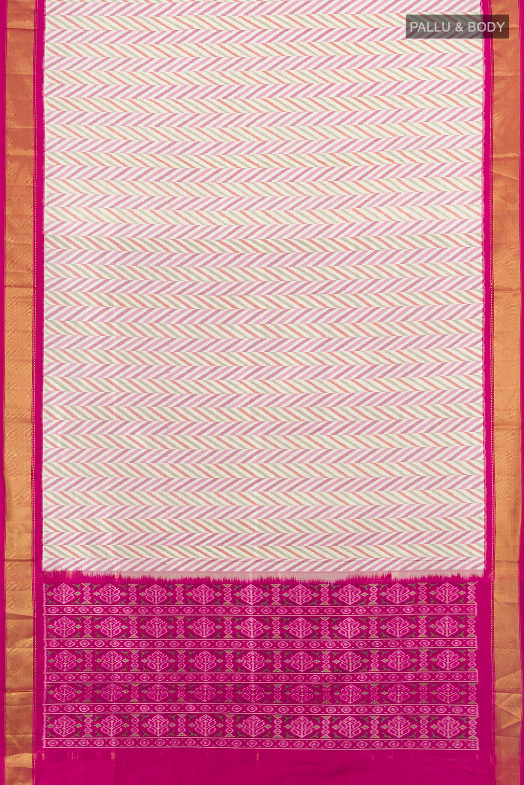 Flat view of Pure Silk Multi Color Pochampally Saree with Pure Ikat on the body and Zari Border. 