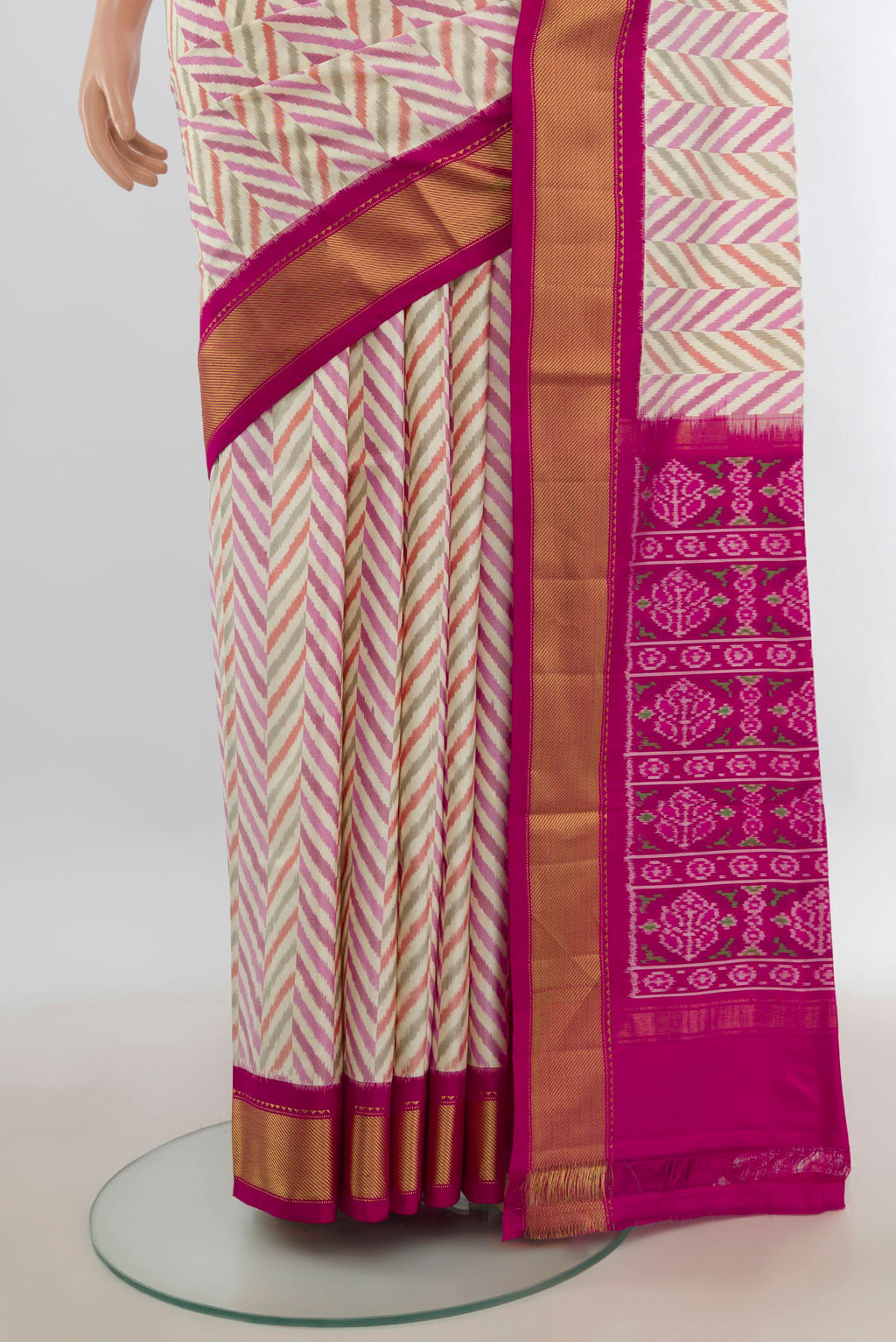 Pleats and pallu of Pure Silk Multi Color Pochampally Saree with Pure Ikat on the body and Zari Border. 
