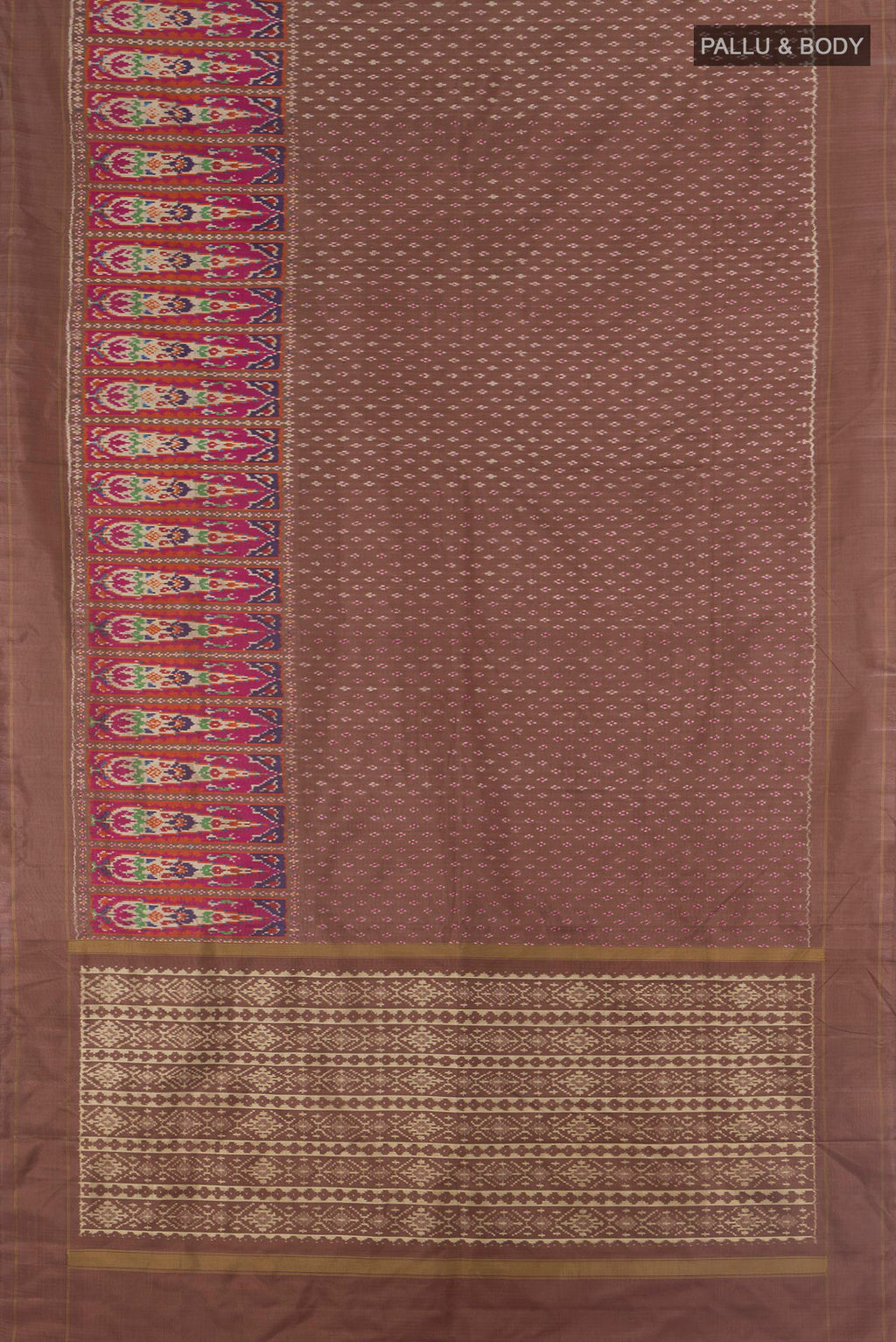 Flat view of Pure Silk Coffee Brown Pochampally Saree with Pure Ikat on the body and Zari Border. 
