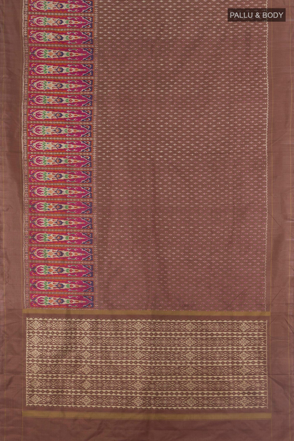 Flat view of Pure Silk Coffee Brown Pochampally Saree with Pure Ikat on the body and Zari Border. 