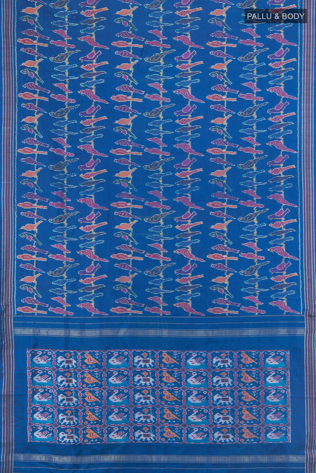 Flat view of Pure Silk Blue Pochampally Saree with Pure Ikat on the body and Plain Border. 