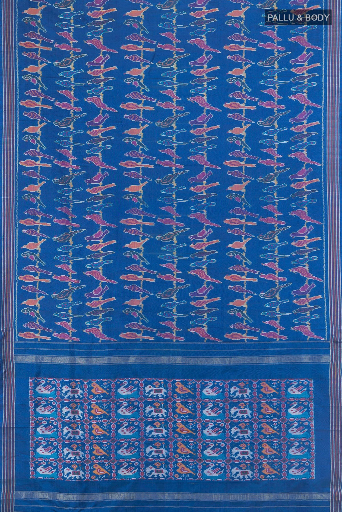 Flat view of Pure Silk Blue Pochampally Saree with Pure Ikat on the body and Plain Border. 