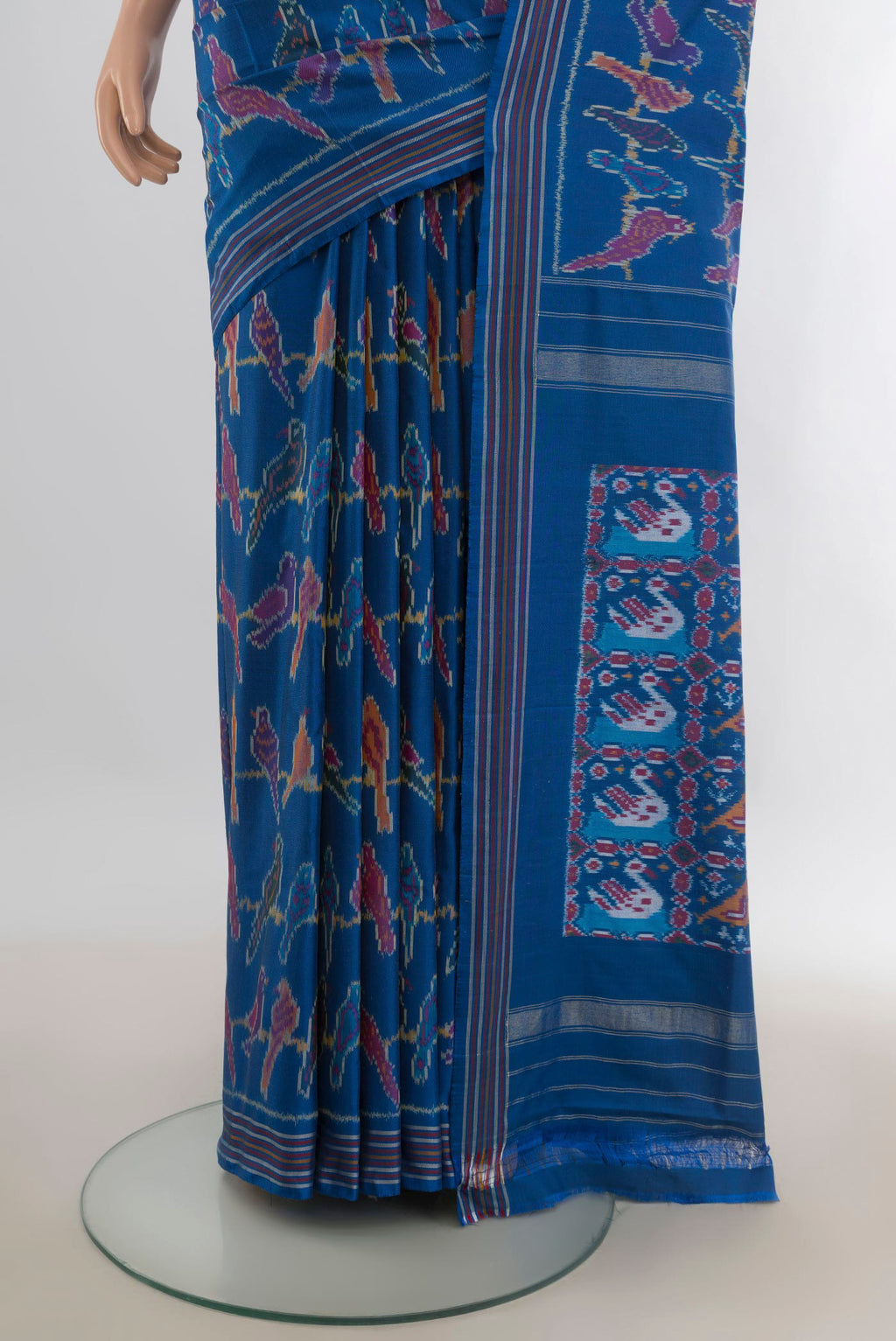 Pleats and pallu of Pure Silk Blue Pochampally Saree with Pure Ikat on the body and Plain Border. 