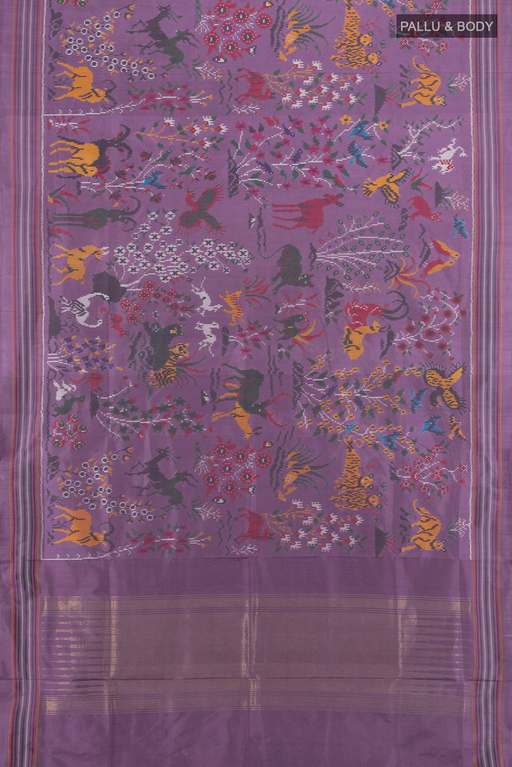 Flat view of Pure Silk Multi Color Rajkot Patola Saree with Ikat Print on the body and Silk Border. 