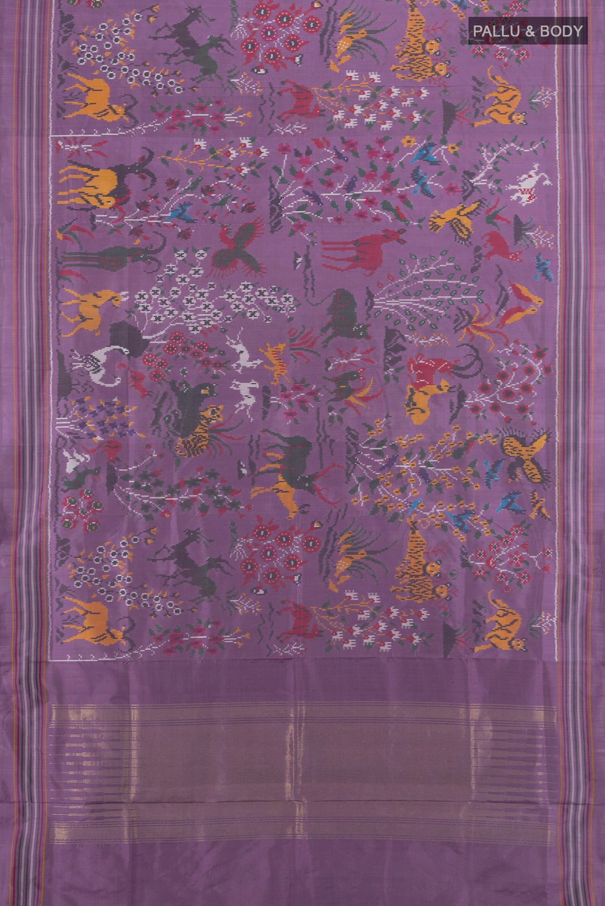 Flat view of Pure Silk Multi Color Rajkot Patola Saree with Ikat Print on the body and Silk Border. 