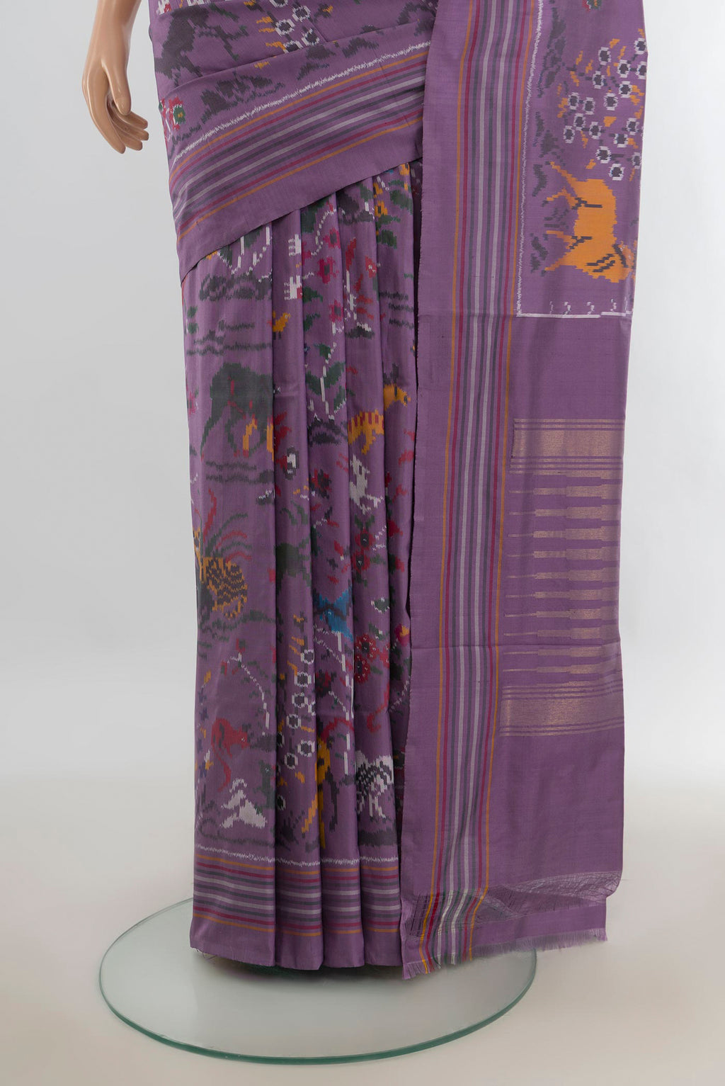 Pleats and pallu of Pure Silk Multi Color Rajkot Patola Saree with Ikat Print on the body and Silk Border. 