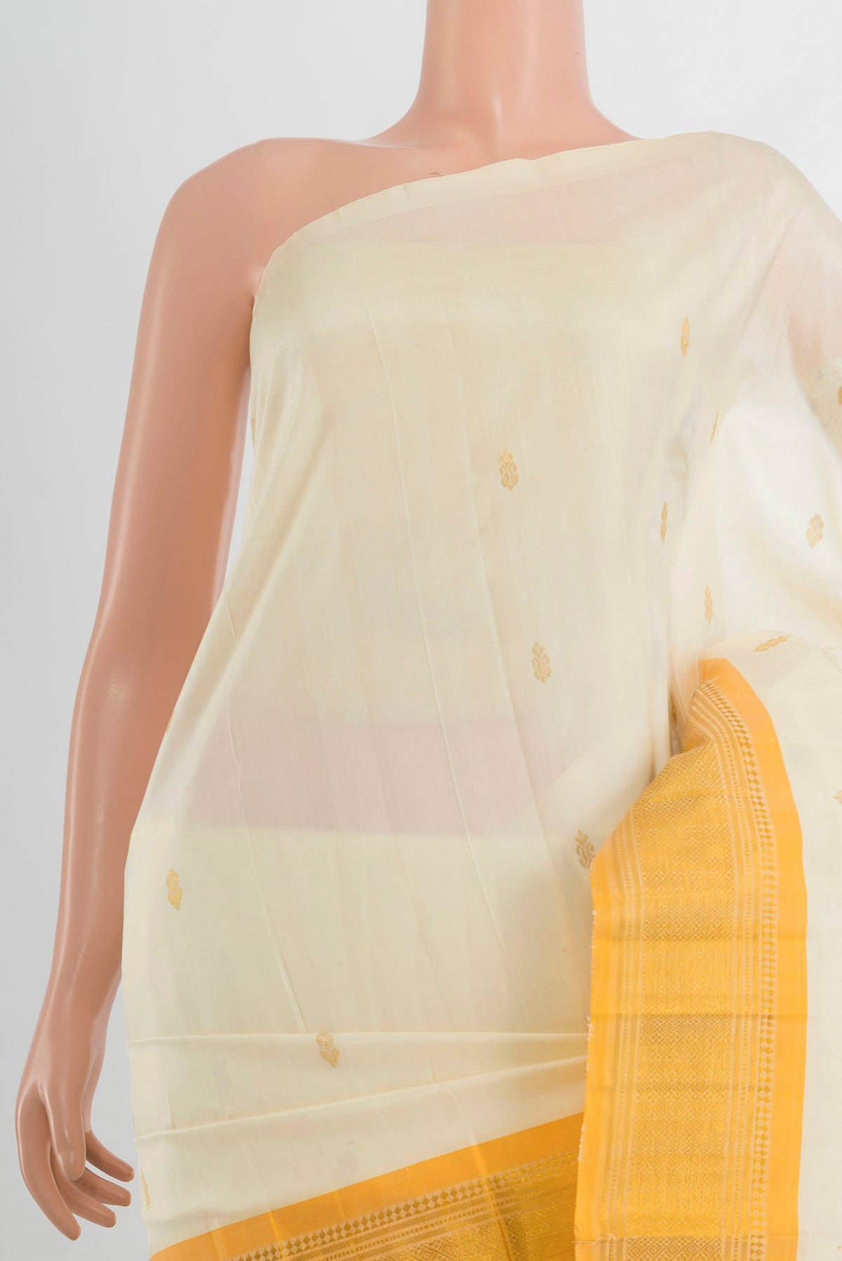 Border image of Pure Silk Cream Kanjivaram Saree with Zari Butta on the body and Silk Border. 