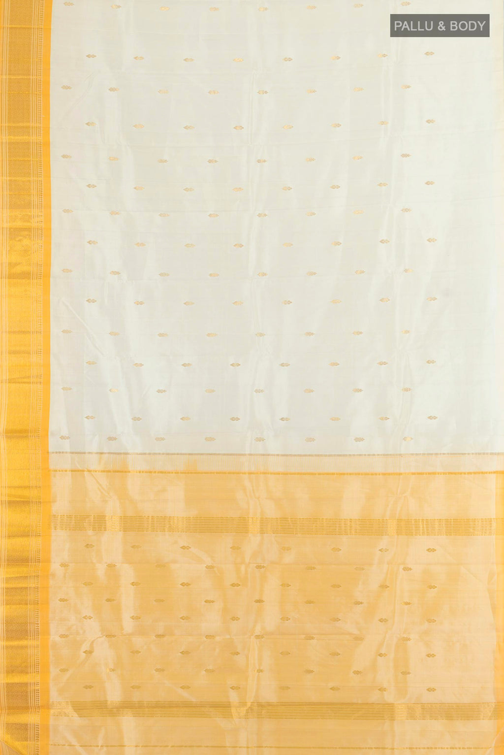 Flat view of Pure Silk Cream Kanjivaram Saree with Zari Butta on the body and Silk Border. 