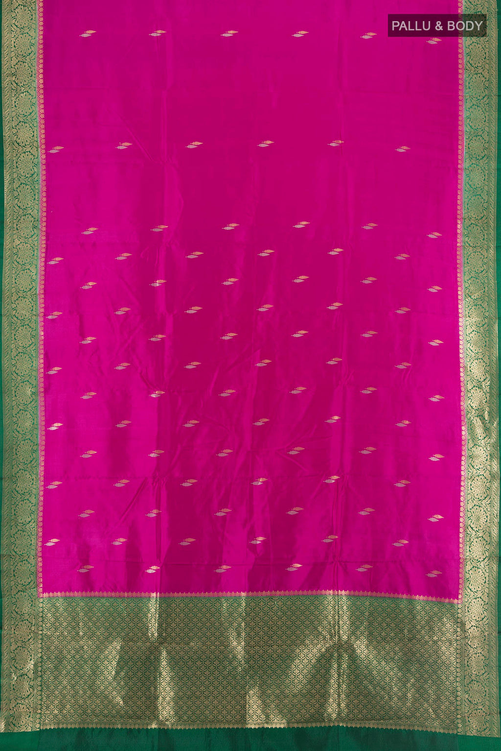 Flat view of Pure Silk Pink Banarasi Katan Saree with Zari Butta on the body and Zari Border. 