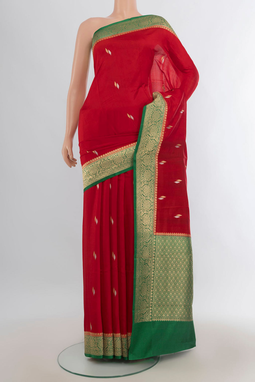Pure Silk Red Banarasi Katan Saree with Zari Butta on the body and Silk Border.  displayed on a mannequin