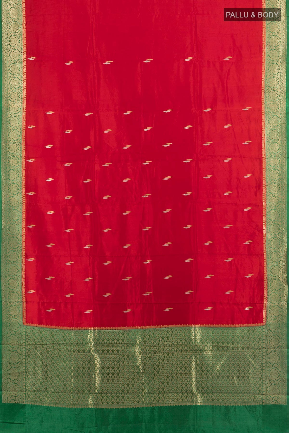 Flat view of Pure Silk Red Banarasi Katan Saree with Zari Butta on the body and Silk Border. 
