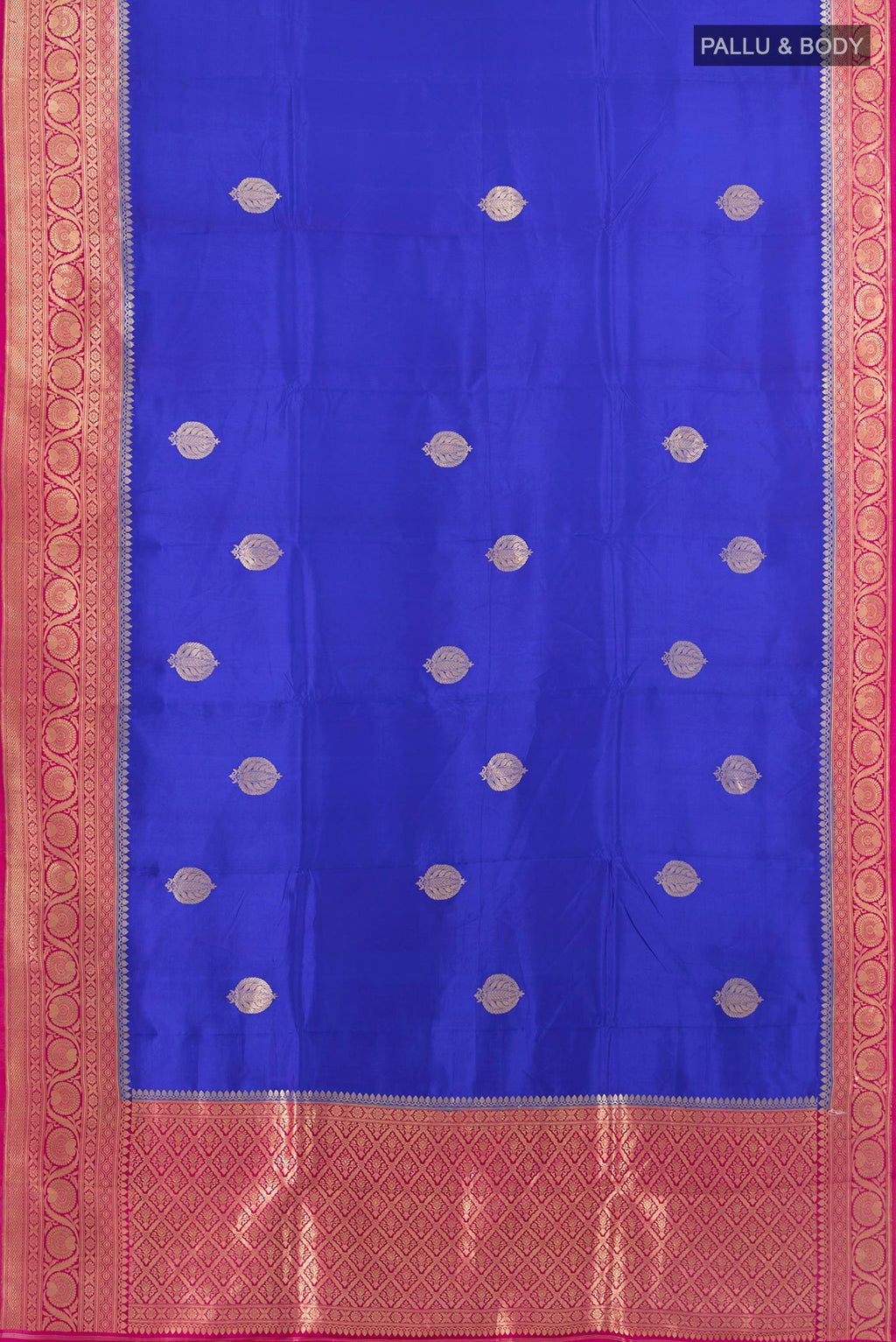 Flat view of Pure Silk Dark Blue Banarasi Katan Saree with Zari Butta on the body and Silk Border. 