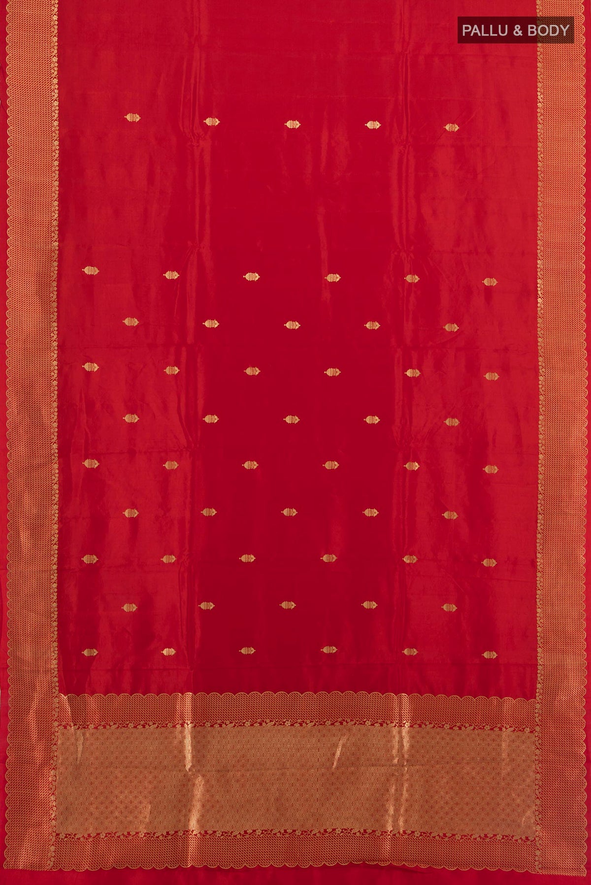 Flat view of Pure Silk Red Banarasi Katan Saree with Zari Butta on the body and Silk Border. 