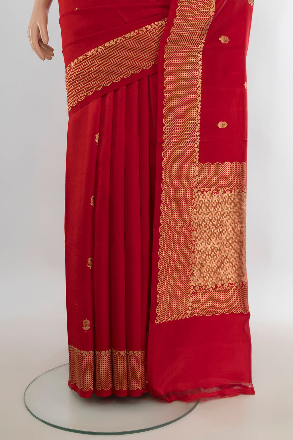 Pleats and pallu of Pure Silk Red Banarasi Katan Saree with Zari Butta on the body and Silk Border. 