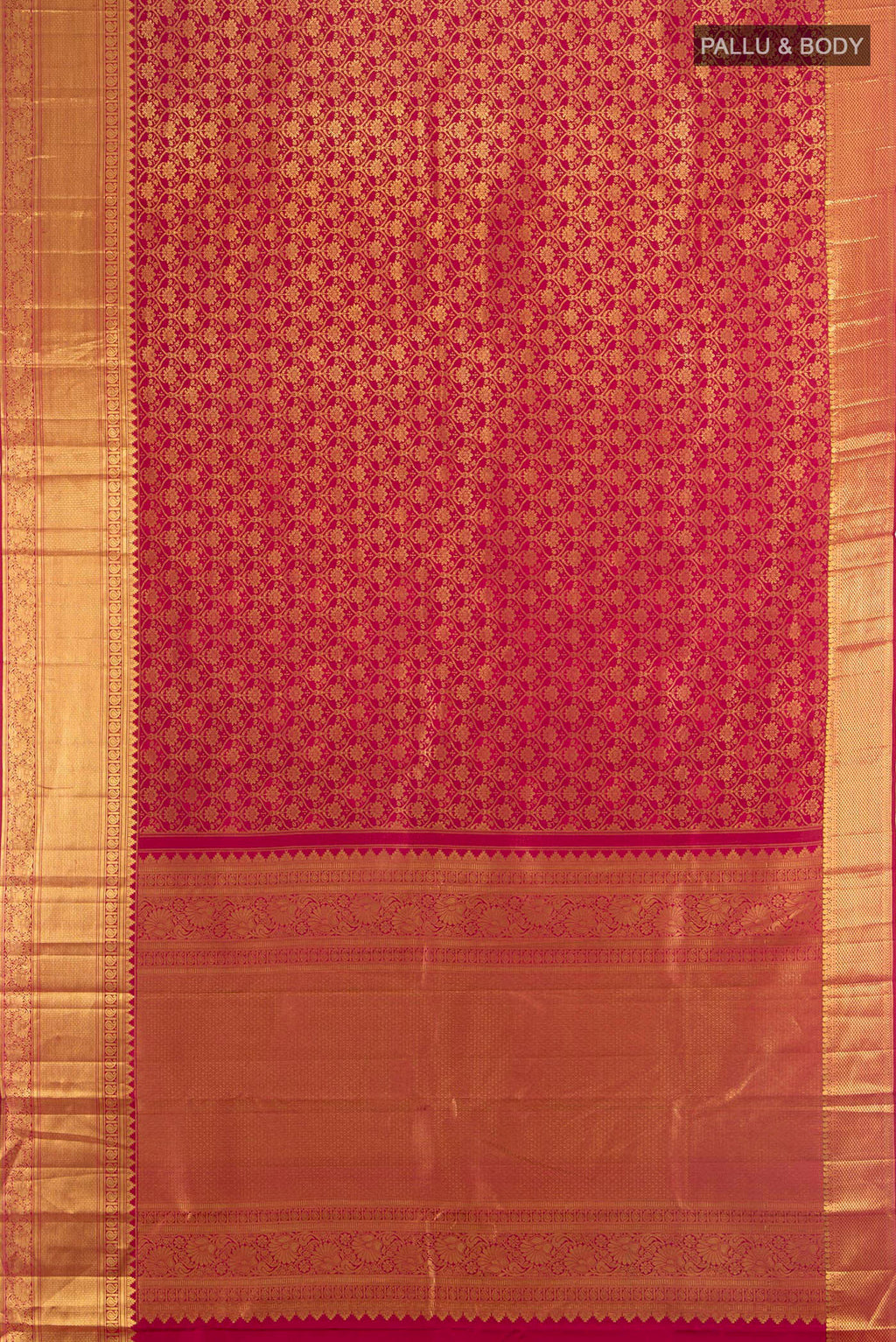 Flat view of Pure Silk Maroon Kanchipuram Saree with Zari Butta on the body and Silk Border. 