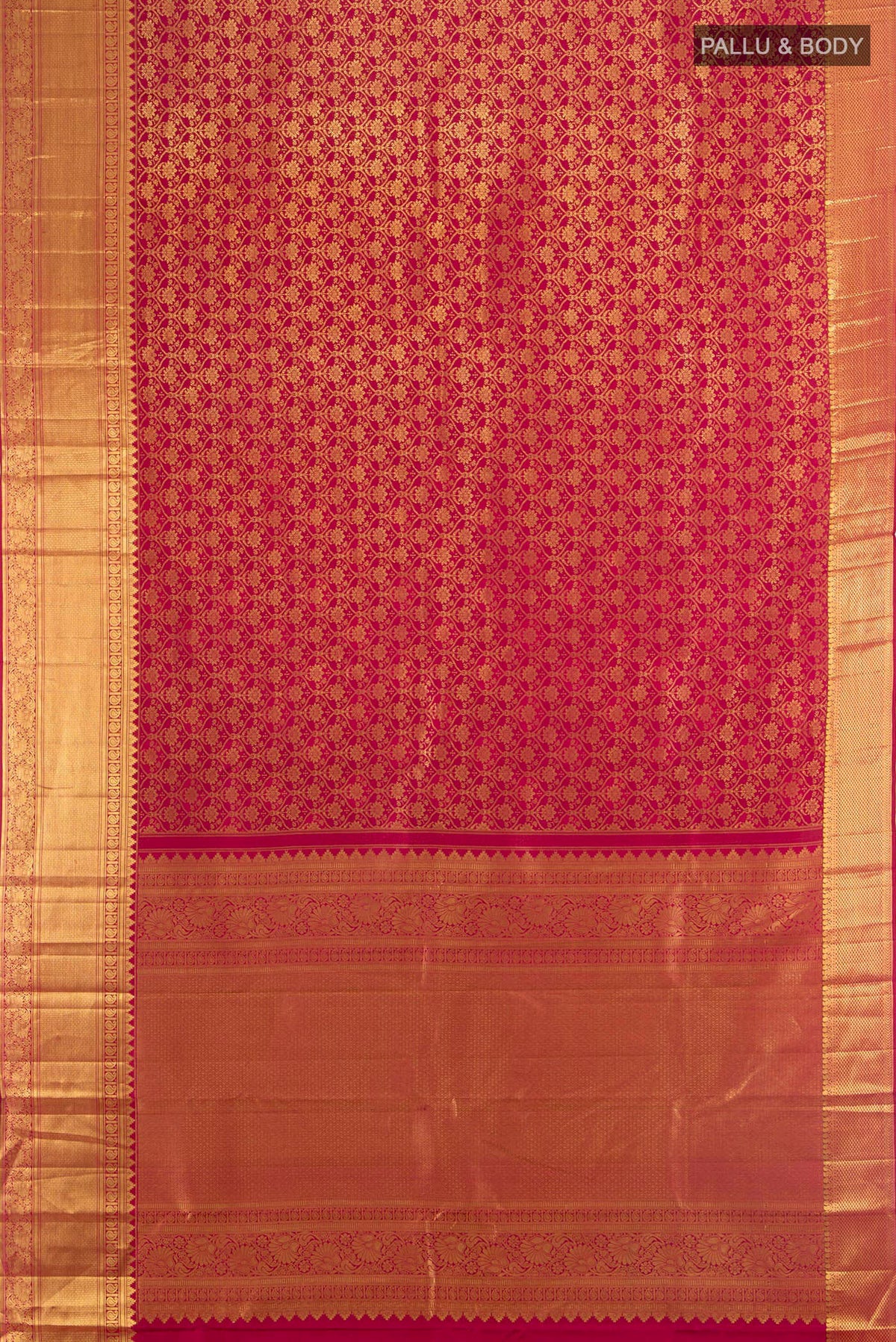 Flat view of Pure Silk Maroon Kanchipuram Saree with Zari Butta on the body and Silk Border. 