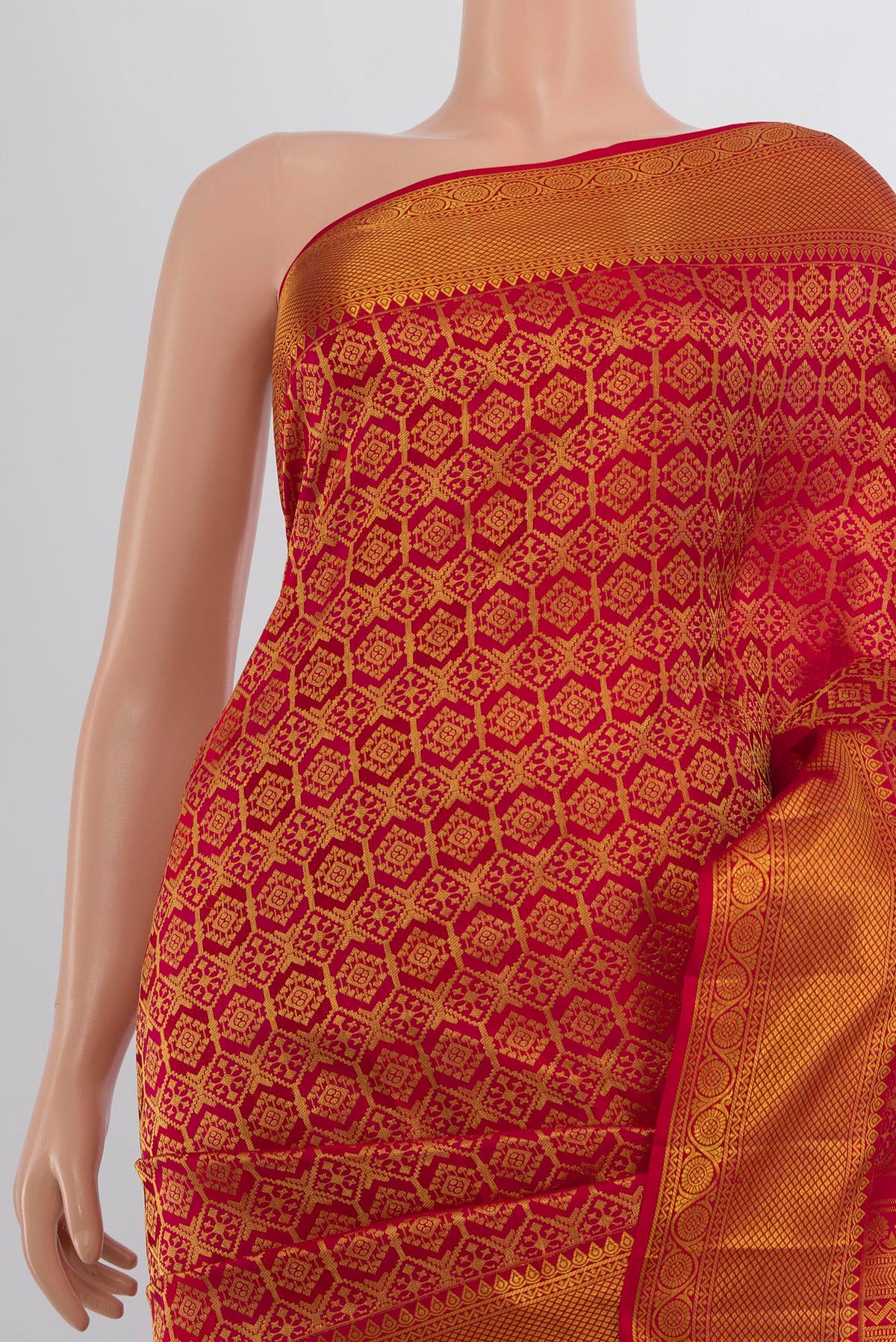 Border image of Pure Silk Red Kanchipuram Saree with Zari Butta on the body and Silk Border. 