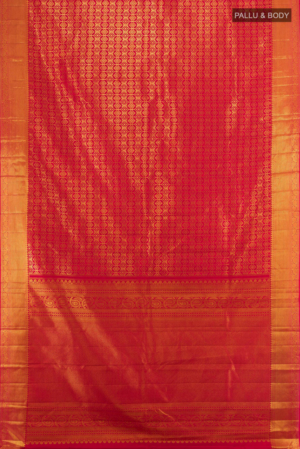 Flat view of Pure Silk Red Kanchipuram Saree with Zari Butta on the body and Silk Border. 