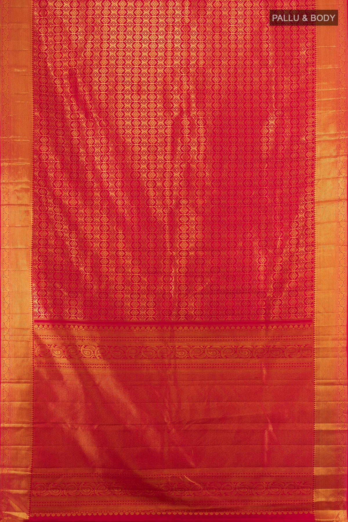 Flat view of Pure Silk Red Kanchipuram Saree with Zari Butta on the body and Silk Border. 