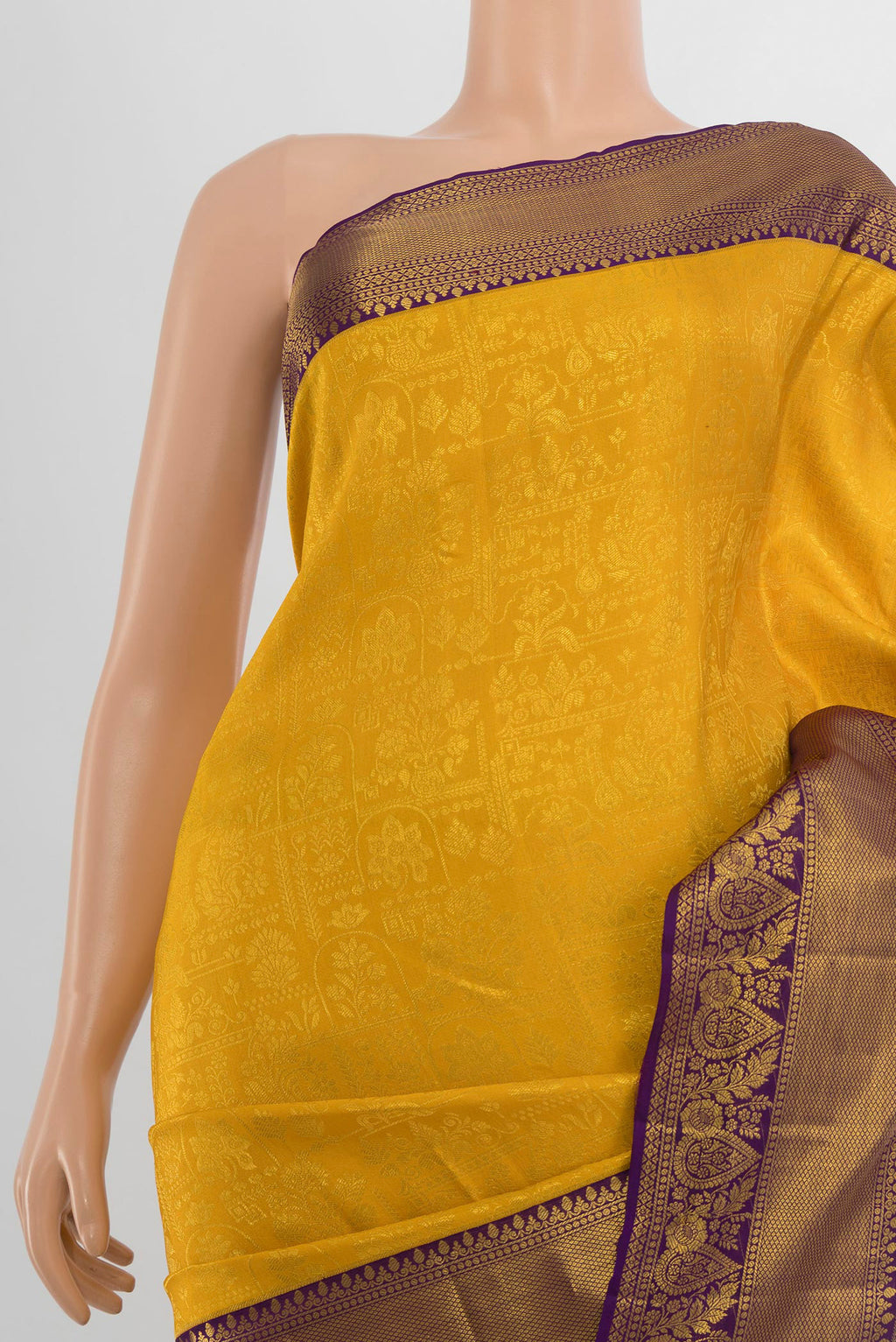 Border image of Pure Silk Yellow Kanjivaram Saree with Zari Butta on the body and Silk Border. 