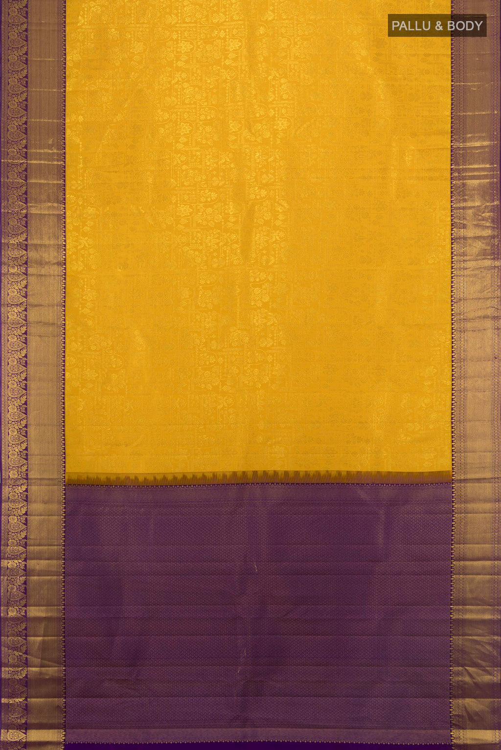Flat view of Pure Silk Yellow Kanjivaram Saree with Zari Butta on the body and Silk Border. 