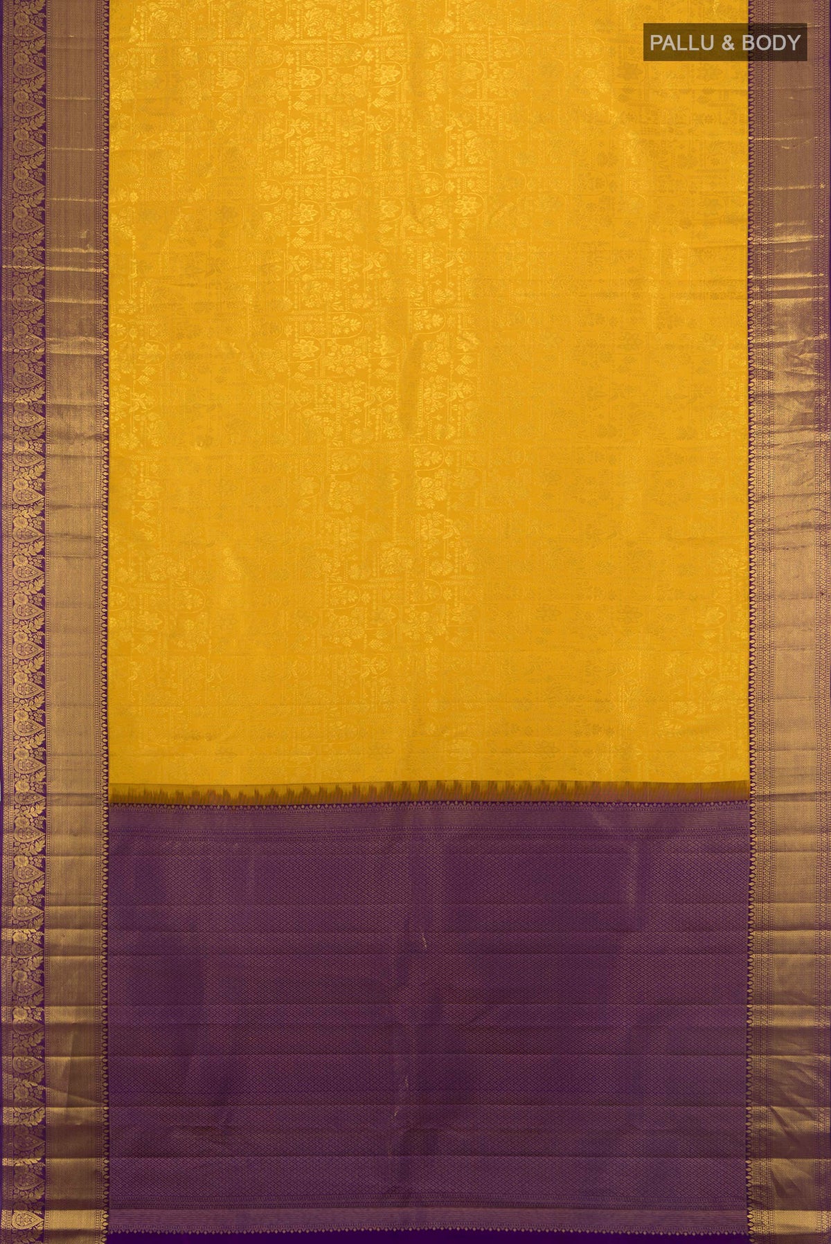 Flat view of Pure Silk Yellow Kanjivaram Saree with Zari Butta on the body and Silk Border. 